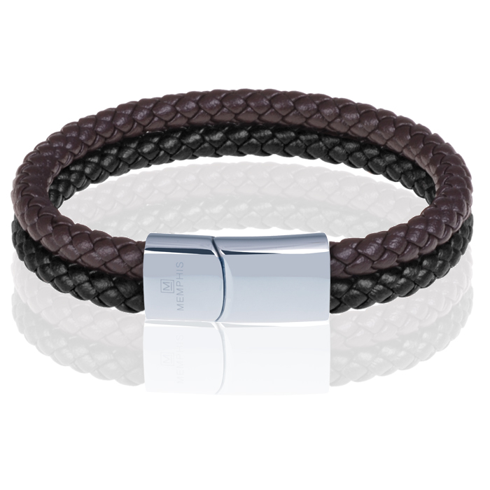Memphis Dubbele leren armband Duo Color Zilver Zwart Bruin-24cm