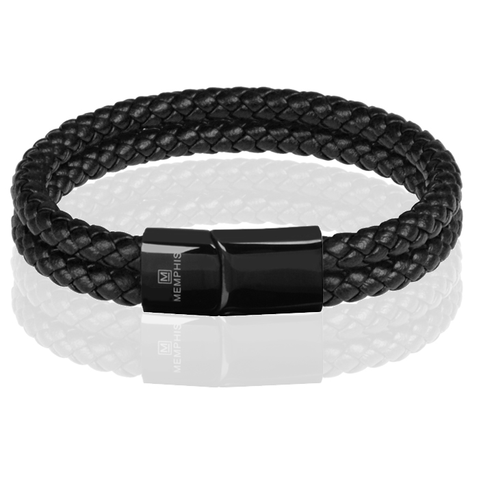 Memphis dubbele leren armband Zwart-23cm