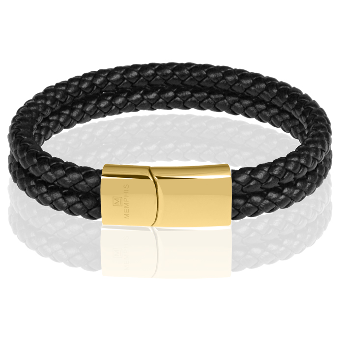 Memphis dubbele leren armband Zwart Goud-23cm