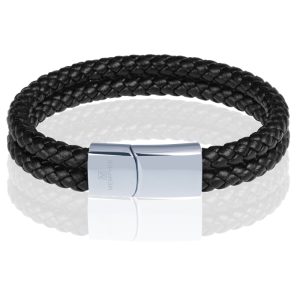 Memphis dubbele leren armband Zwart Zilver-23cm