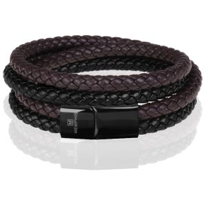 Memphis dubbele wrap armband Duo Leer Bruin Zwart-21cm