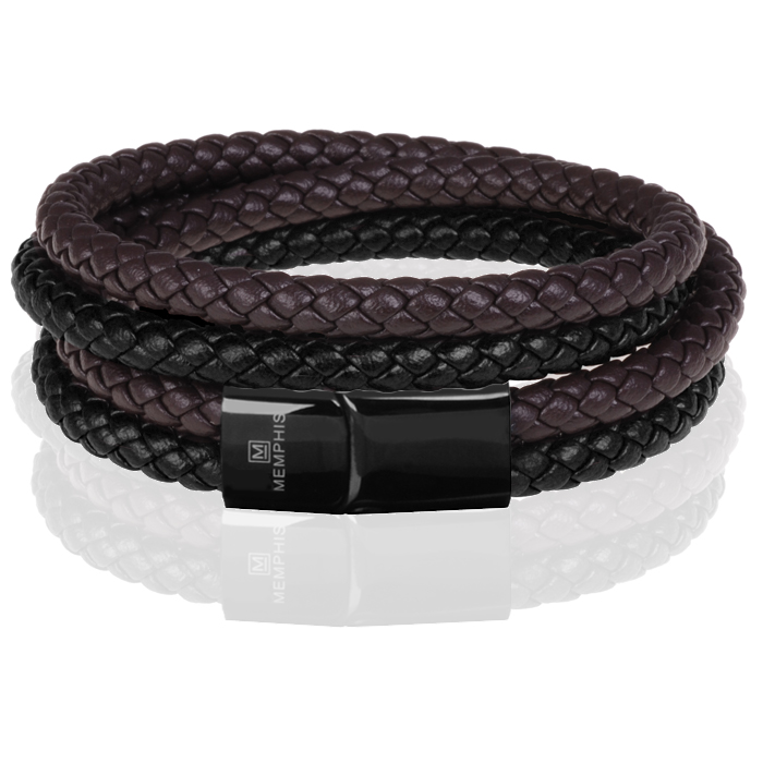 Memphis dubbele wrap armband Duo Leer Bruin Zwart-20cm