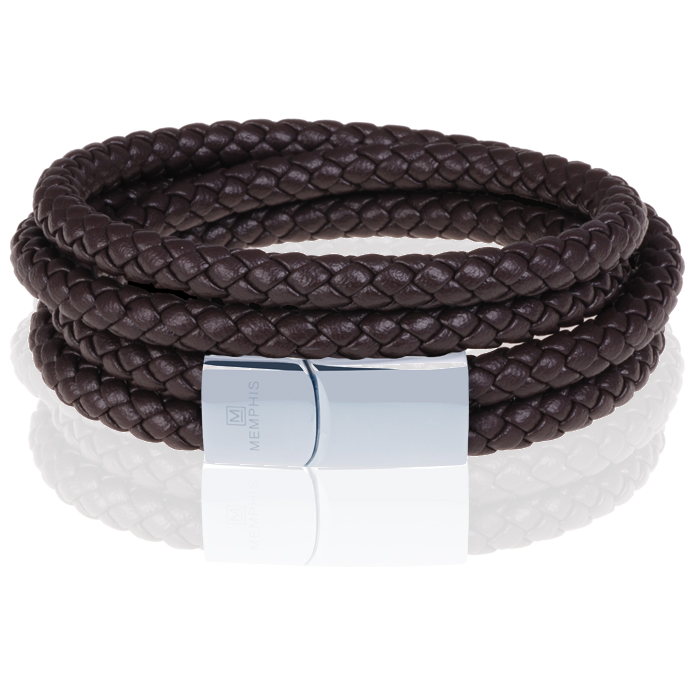 Memphis dubbele wrap armband Leer Bruin Zilver-21cm
