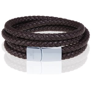 Memphis dubbele wrap armband Leer Bruin Zilver-19cm