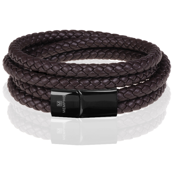 Memphis dubbele wrap armband Leer Bruin Zwart-20cm
