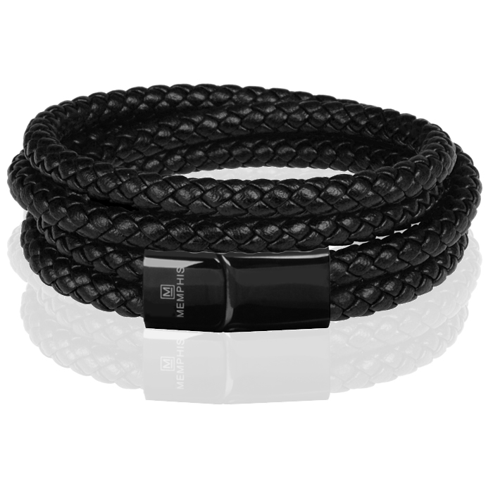 Memphis dubbele wrap armband Leer Zwart-19cm
