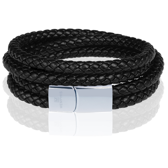 Memphis dubbele wrap armband Leer Zwart Zilver-19cm