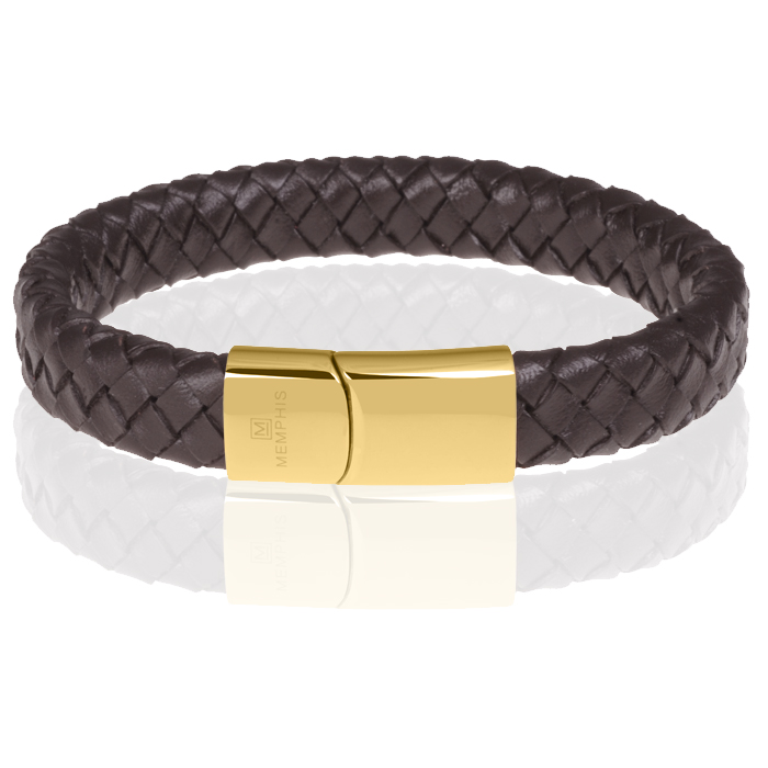 Memphis gevlochten leren armband Bruin Goud-24cm