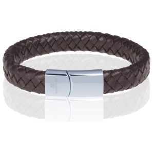 Memphis gevlochten leren armband Bruin Zilver-20cm