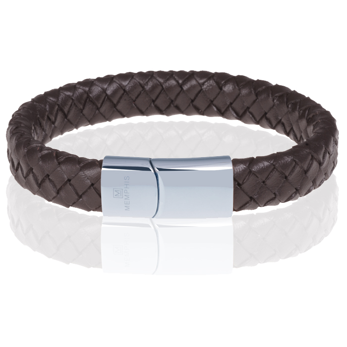Memphis gevlochten leren armband Bruin Zilver-22cm