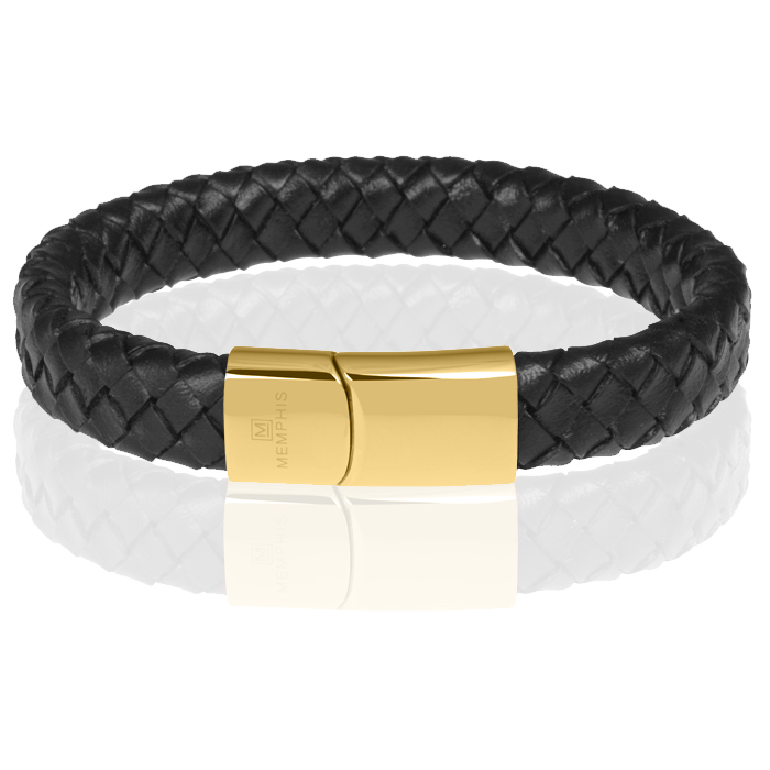 Memphis gevlochten leren armband Zwart Goud-23cm