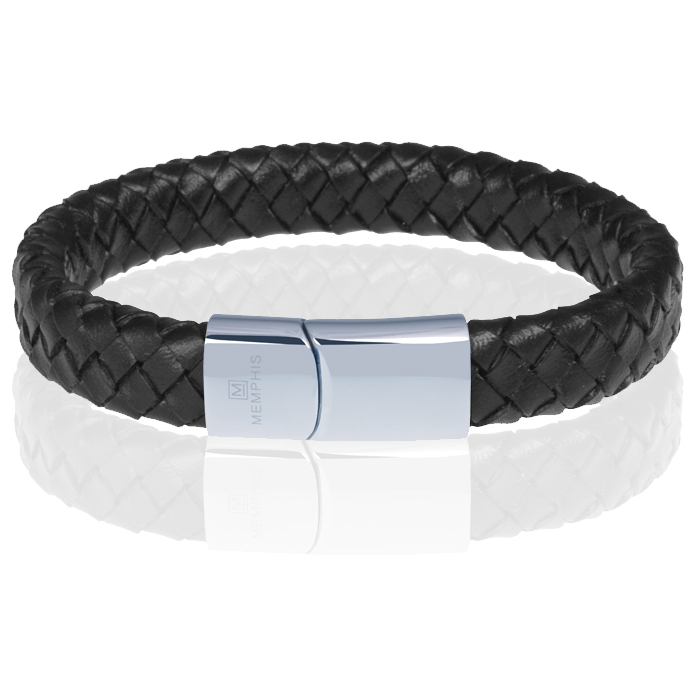 Memphis gevlochten leren armband Zwart Zilver-19cm