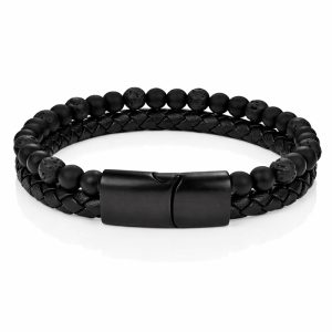 Memphis Heren armband zwart leer Agaat kralen Edelstaal magneet sluiting – 22cm