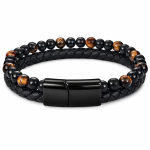 Memphis Heren armband zwart leer Tijgeroog kralen Edelstaal magneet sluiting – 18.5cm