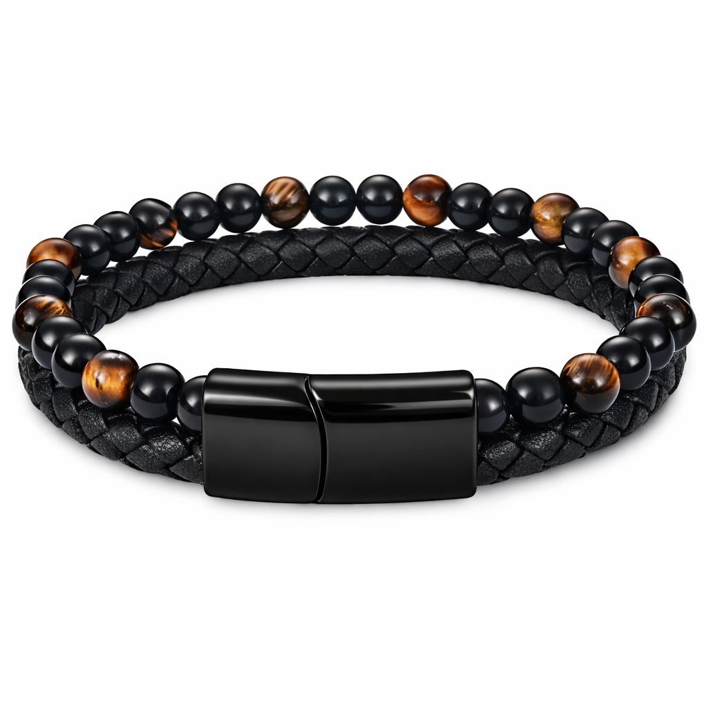 Memphis Heren armband zwart leer Tijgeroog kralen Edelstaal magneet sluiting – 18.5cm