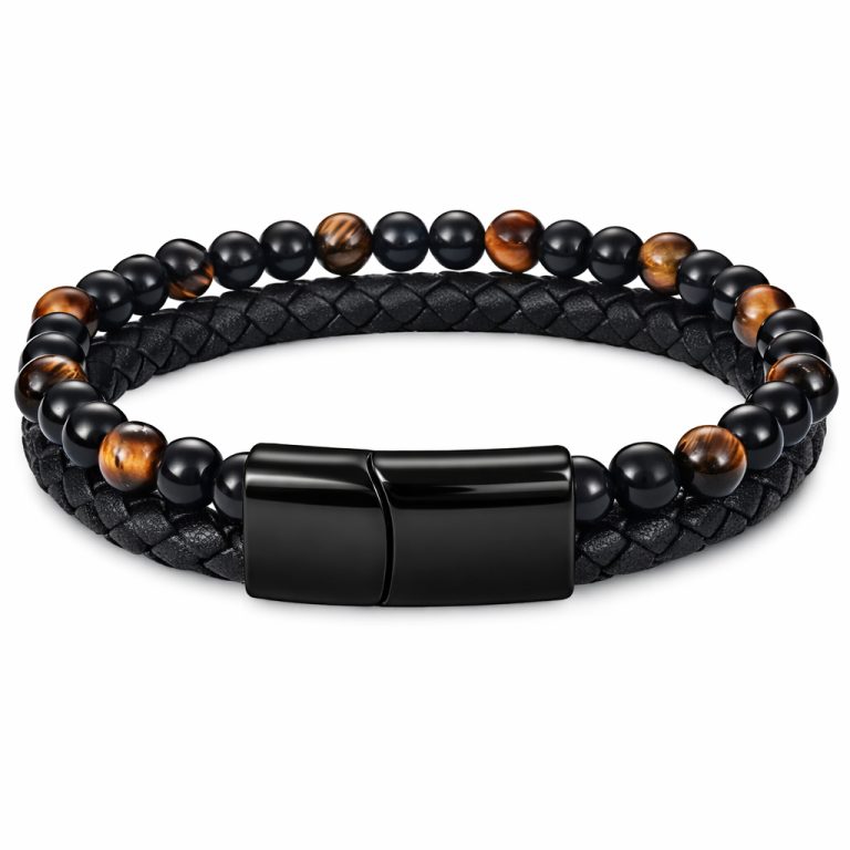 Memphis Heren armband zwart leer Tijgeroog kralen Edelstaal magneet sluiting – 20.5cm