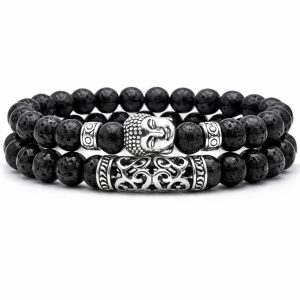 Memphis Heren Kralen Armband Lavasteen en Buddha Zwart