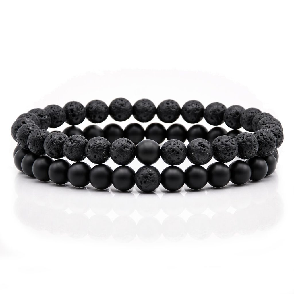 Memphis Heren Kralen Armband Lavasteen en Matte Agaat Zwart