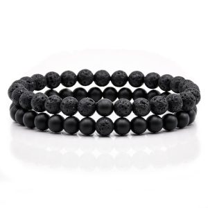 Memphis Heren Kralen Armband Lavasteen en Matte Agaat Zwart