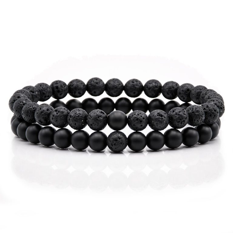 Memphis Heren Kralen Armband Lavasteen en Matte Agaat Zwart