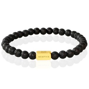Memphis Kralen Armband Lavasteen Edelstaal Kraal Goudkleurig -21cm