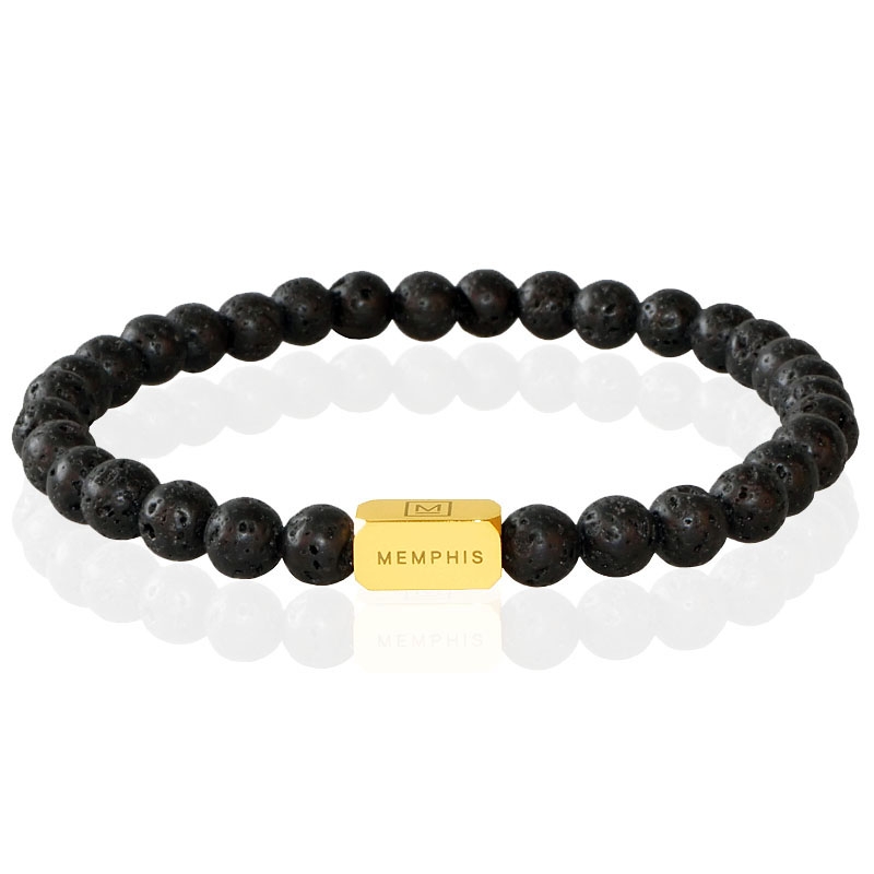 Memphis Kralen Armband Lavasteen Edelstaal Kraal Goudkleurig -19cm