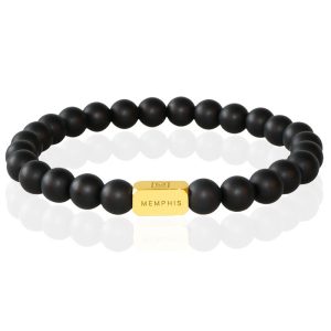 Memphis Kralen Armband Matzwarte Agaat Edelstaal Kraal Goudkleurig-21cm