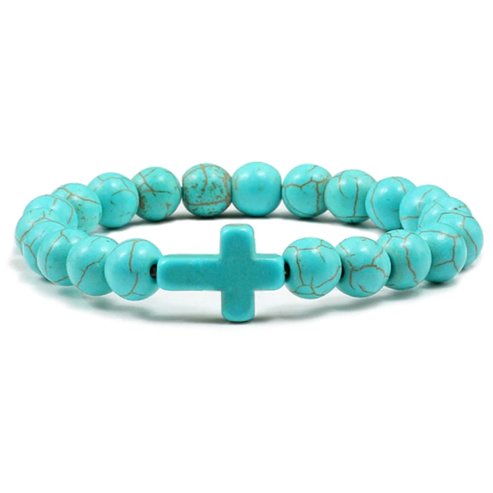 Memphis Kralen Armband met Natuursteen Kruis – Lichtblauw
