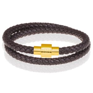 Memphis leren wrap armband Donkerbruin Goud-19cm