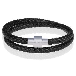 Memphis leren wrap armband Zwart Zilver-24cm