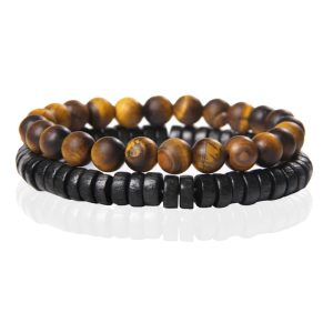 Memphis Stacked Armband – Hout & Matte Tiger Eye-21cm