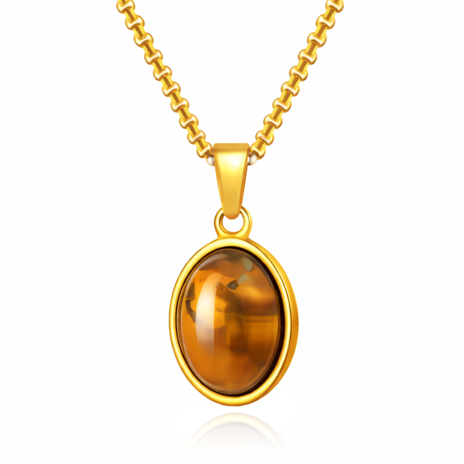 Mendes Goudkleurige Heren Ketting met Ovale Bruine Edelsteen Hanger