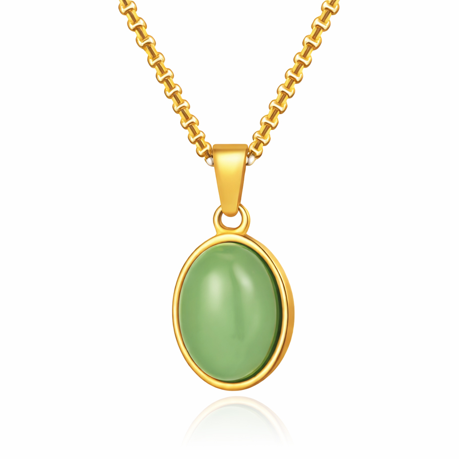 Mendes Goudkleurige Heren Ketting met Ovale Groene Edelsteen Hanger