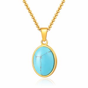 Mendes Goudkleurige Heren Ketting met Ovale Lichtblauwe Edelsteen Hanger