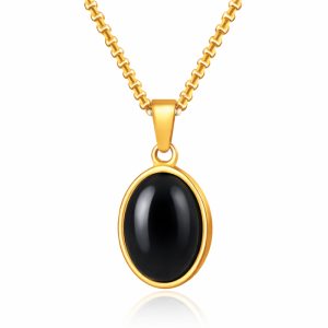 Mendes Goudkleurige Heren Ketting met Ovale Zwarte Edelsteen Hanger