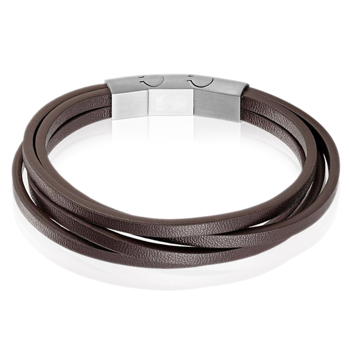 Mendes Heren armband Leer Edelstaal Verstelbaar Bruin Zilverkleurig