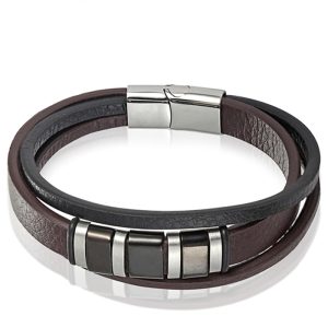 Mendes heren armband Multi Leer Edelstaal Bruin Zwart-22.5cm