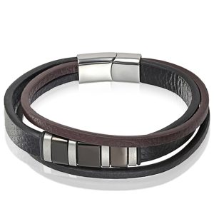 Mendes heren armband Multi Leer Edelstaal Zwart Bruin-22.5cm