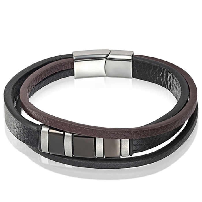 Mendes heren armband Multi Leer Edelstaal Zwart Bruin-22.5cm