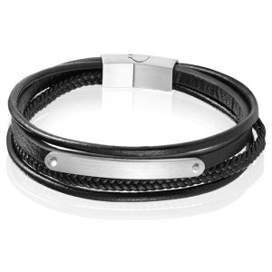 Mendes Heren Armband Zwart Leer Edelstaal ID Graveerplaat Zilverkleurig-21cm