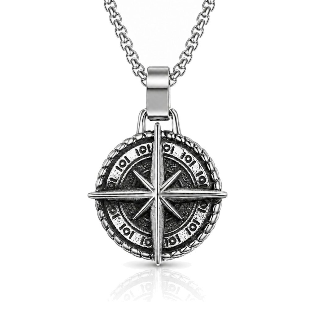 Mendes heren ketting Edelstaal Kompas Amulet Zilverkleurig