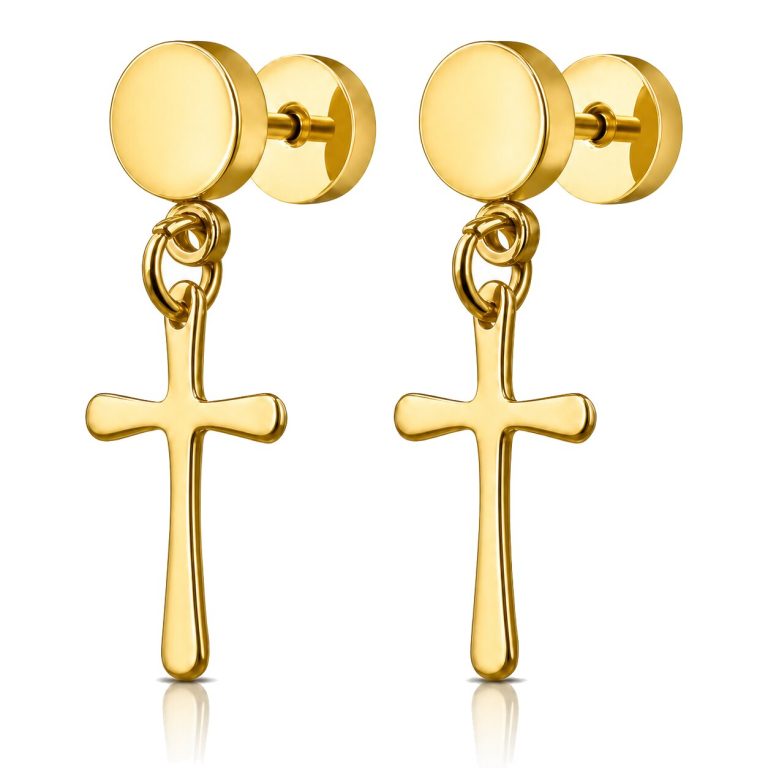 Mendes Heren Oorbellen Titanium – Goudkleurige Kruis Hangers – Stud Oorbellen met Steker – Hypoallergeen