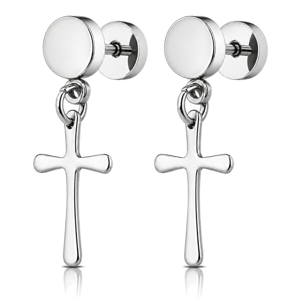 Mendes Heren Oorbellen Titanium – Zilverkleurige Kruis Hangers – Stud Oorbellen met Steker – Hypoallergeen