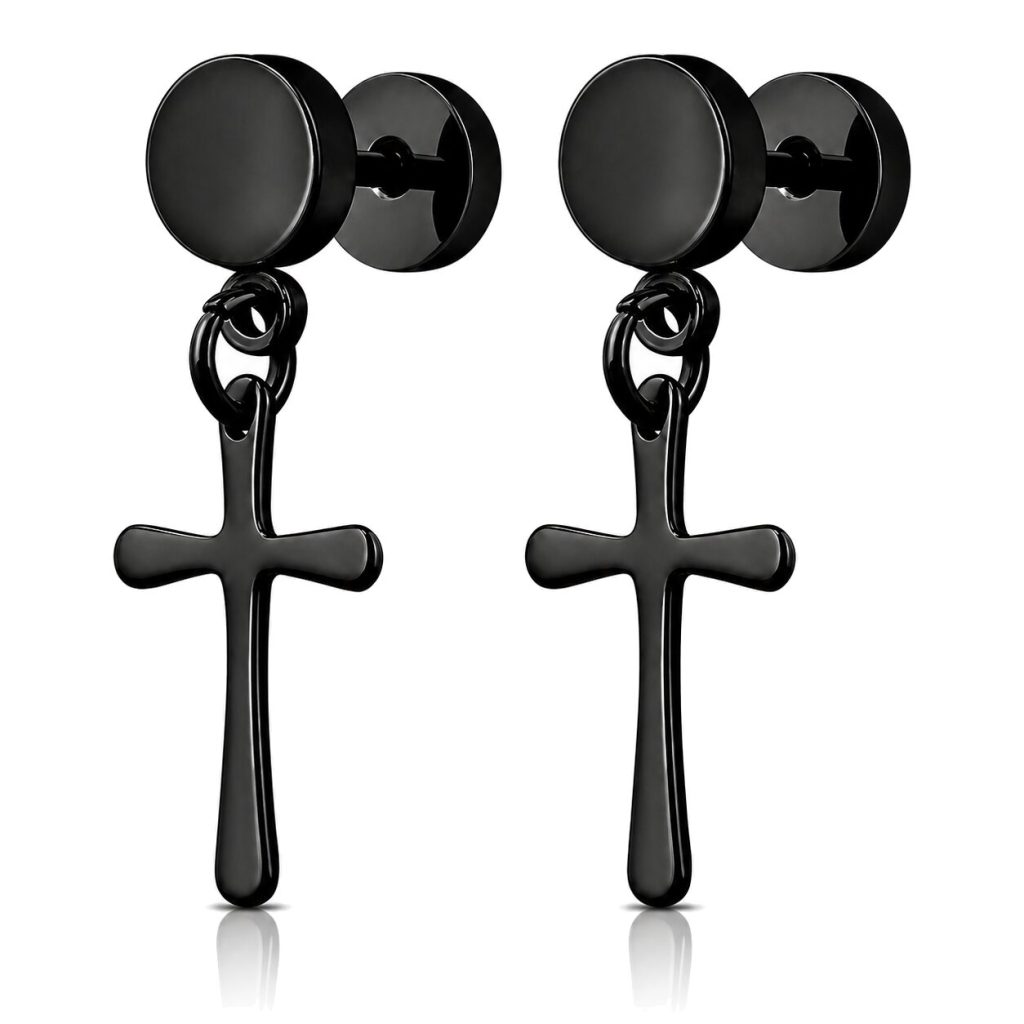 Mendes Heren Oorbellen Titanium – Zwarte Kruis Hangers – Stud Oorbellen met Steker – Hypoallergeen