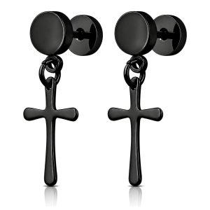 Mendes Heren Oorbellen Titanium – Zwarte Kruis Hangers – Stud Oorbellen met Steker – Hypoallergeen