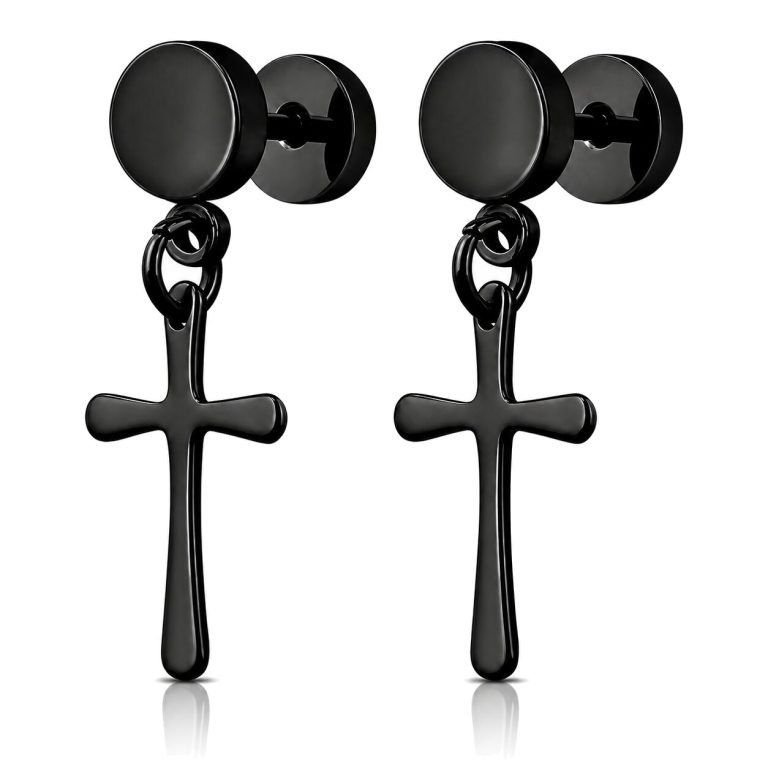Mendes Heren Oorbellen Titanium – Zwarte Kruis Hangers – Stud Oorbellen met Steker – Hypoallergeen