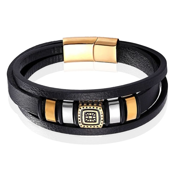 Mendes Jewelry Etnische Heren Armband in Zwart Leer met Goud en Zilveren Bedels-19cm