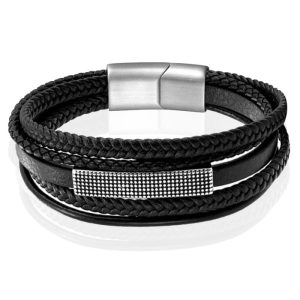 Mendes Jewelry Heren Armband – Robuust Zwart Leder met Zilveren Rechthoekige Plaat-19cm