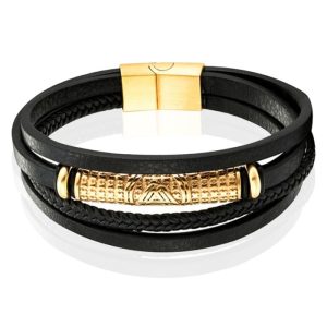 Mendes Jewelry Heren Armband – Stijlvol Zwart Leder met Goudaccenten-23cm