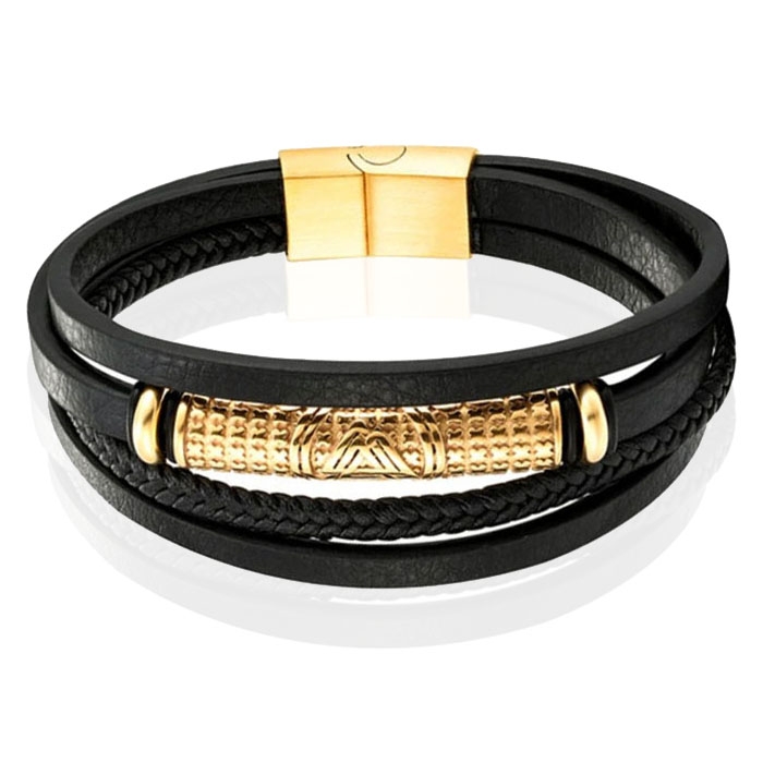 Mendes Jewelry Heren Armband – Stijlvol Zwart Leder met Goudaccenten-23cm